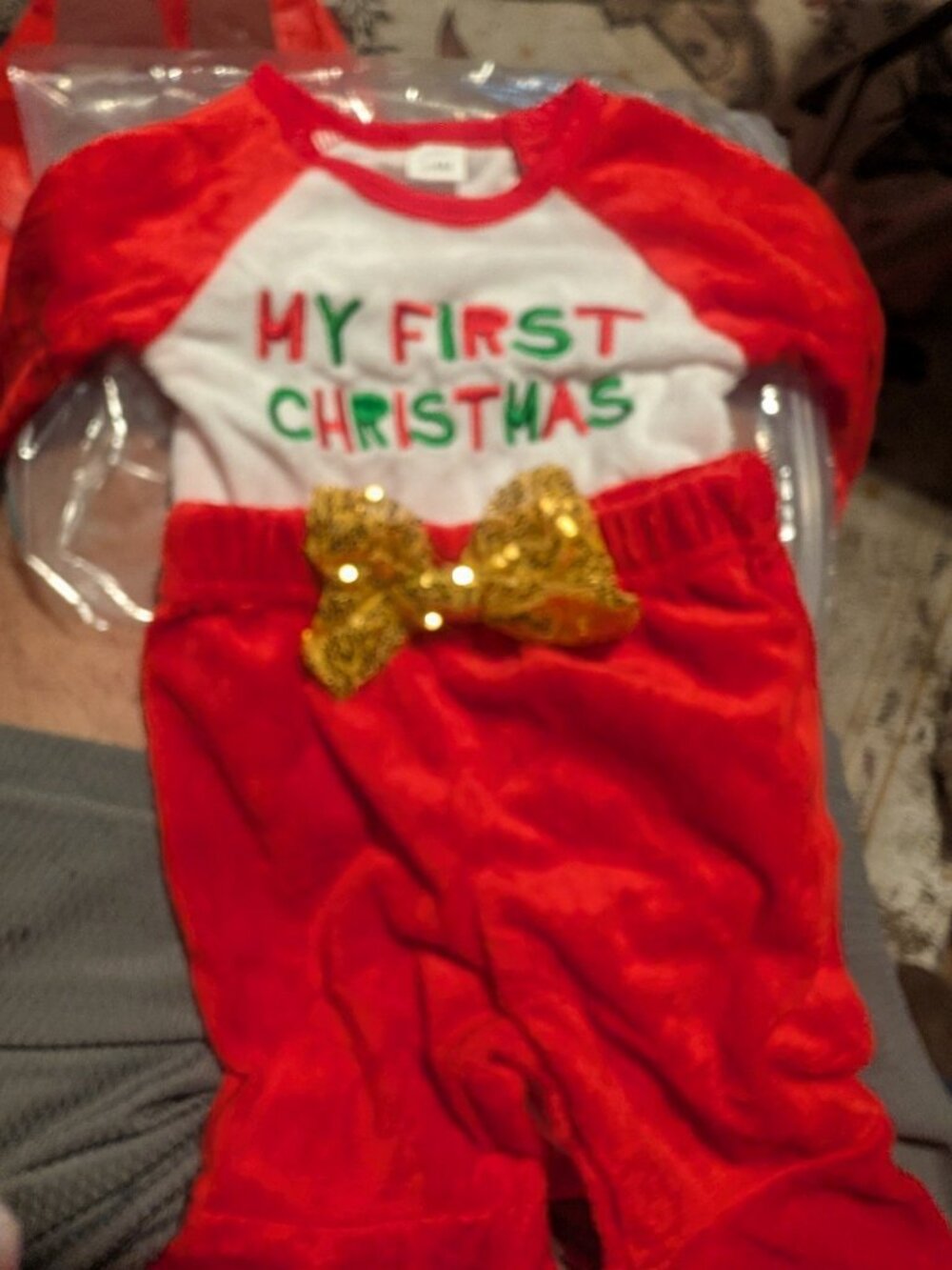 Infant My First Christmas 3 Piece Set 3-6M Plush Embroidered Top Pants Hat Lot